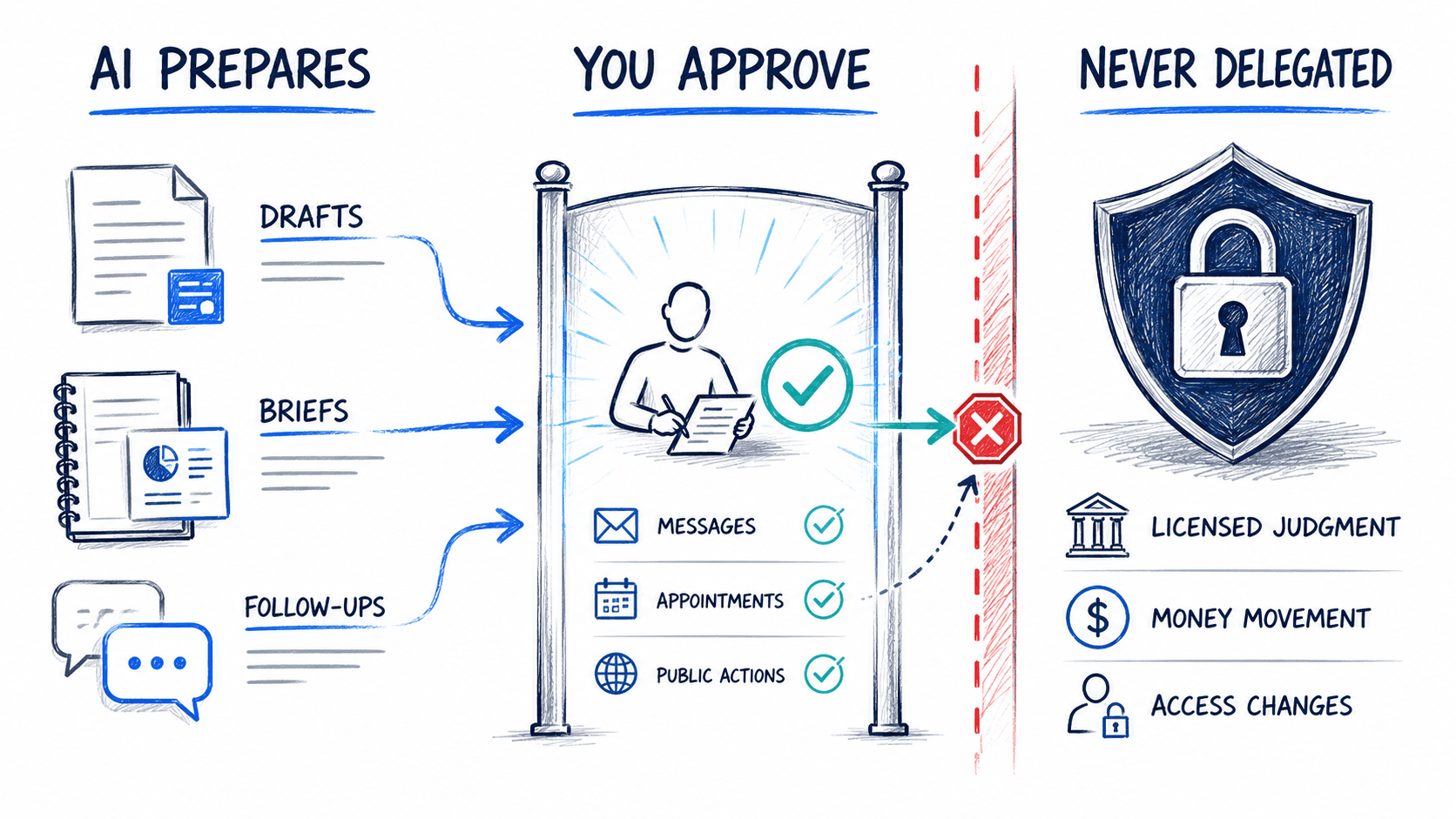 Three zones: AI Prepares flows into You Approve at a gate with your checkmark, then a red stop line, then Never Delegated locked behind a shield.