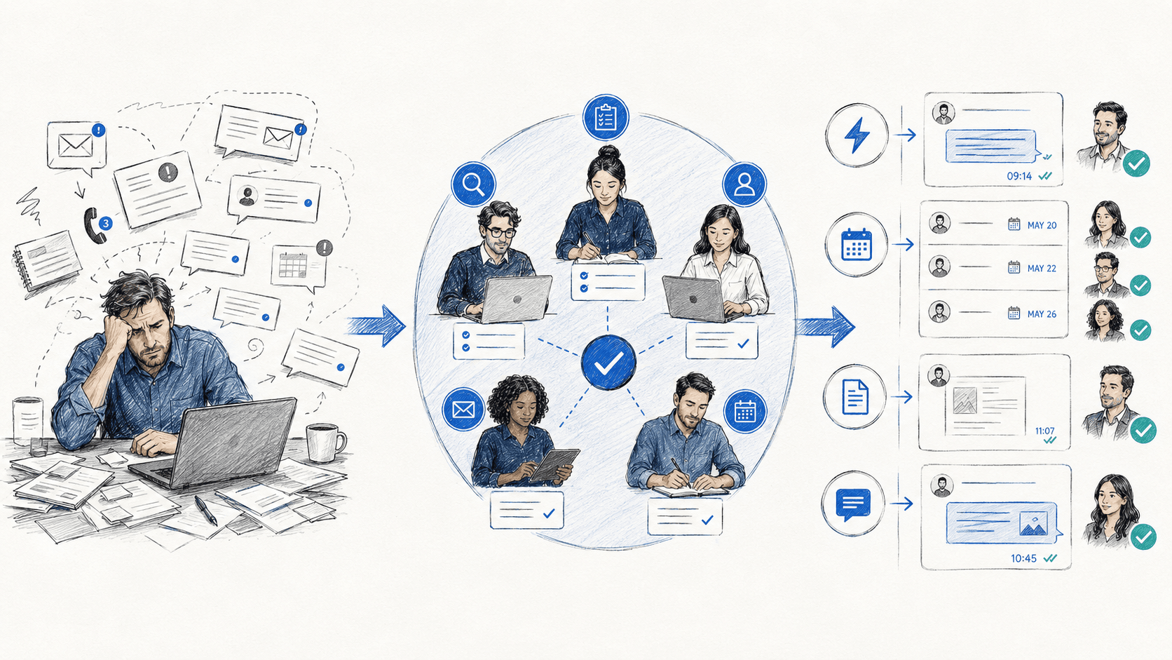 Left: an overwhelmed operator surrounded by scattered messages, calls, tasks and calendar alerts; right: a five-person AI team turning that scatter into completed, approved work.