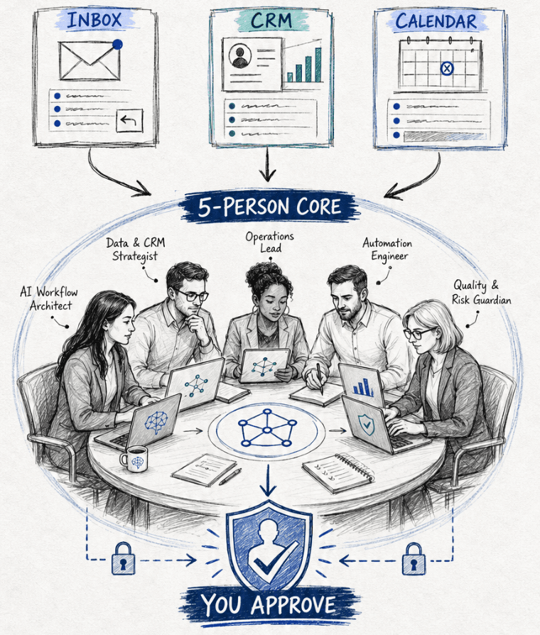 Inbox, CRM and Calendar flow into a five-person AI core around a table — AI Workflow Architect, Data & CRM Strategist, Operations Lead, Automation Engineer and Quality & Risk Guardian — with a shielded approval gate: nothing client-facing sends until you approve.