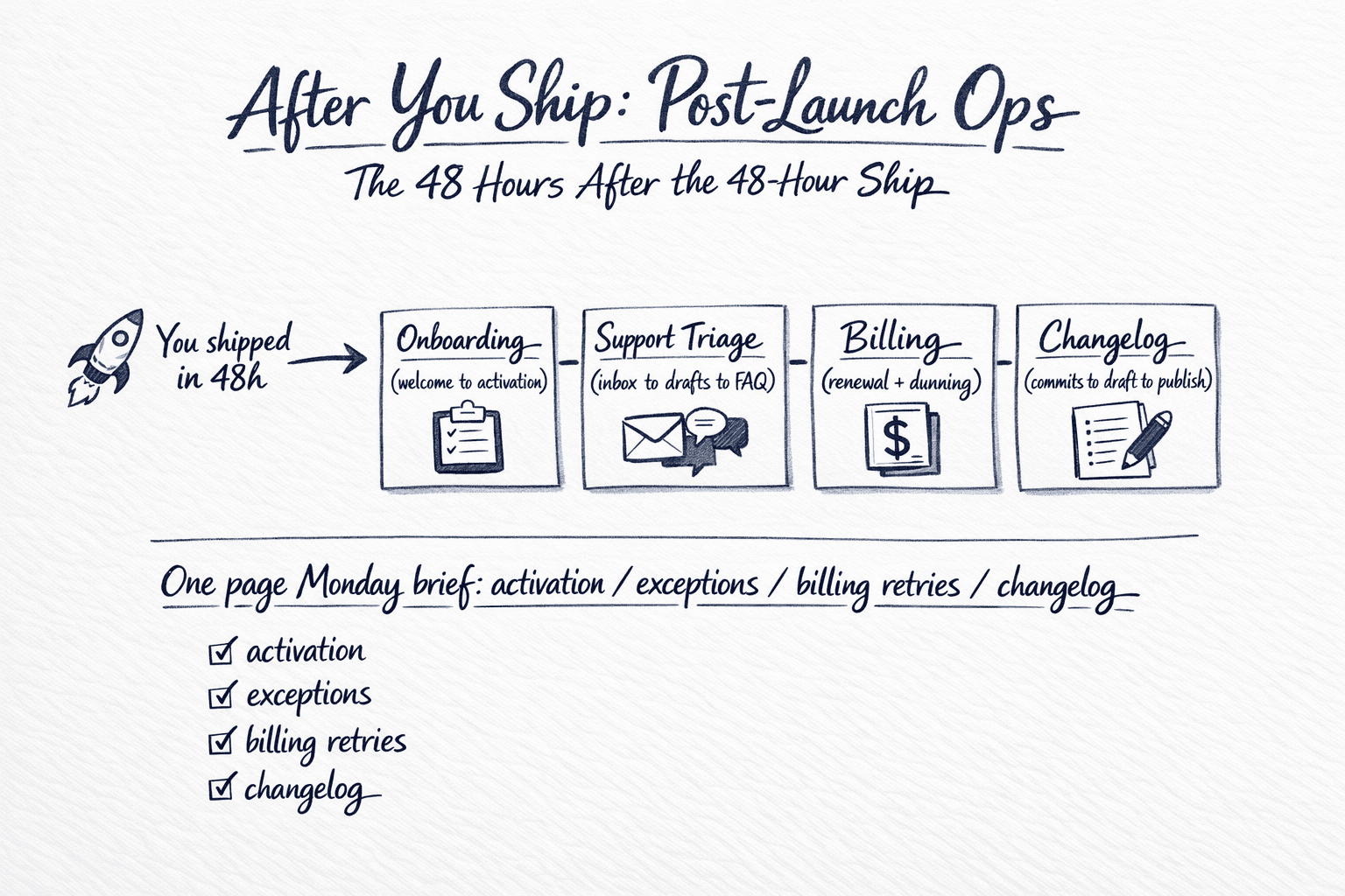 Hand-drawn post-ship ops: four workflow boxes Onboarding, Support Triage, Billing, Changelog.