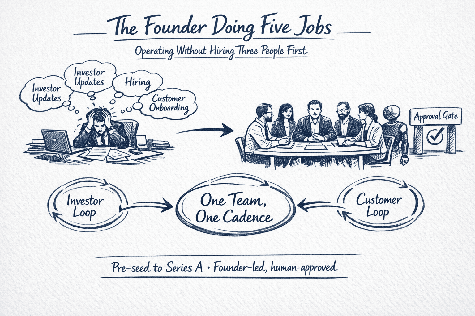 Hand-drawn founder journey: overwhelmed with five thought bubbles to calm with five-person AI team.