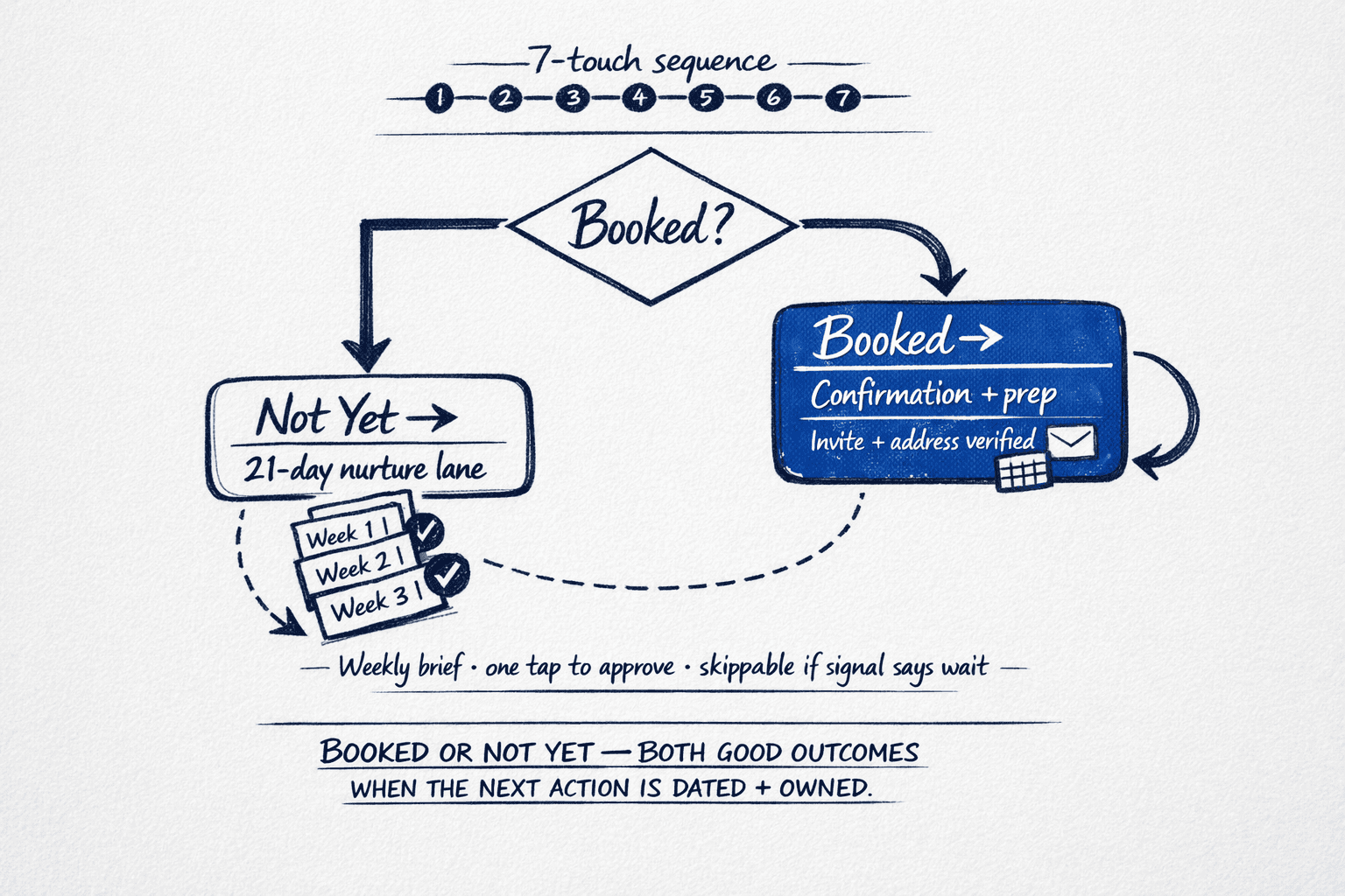 Hand-drawn branching diagram: 7-touch sequence on top, a decision diamond Booked? Yes leads to Confirmation and Prep, No/Not Yet leads to a 21-day nurture lane with weekly brief and approval gate before each send.