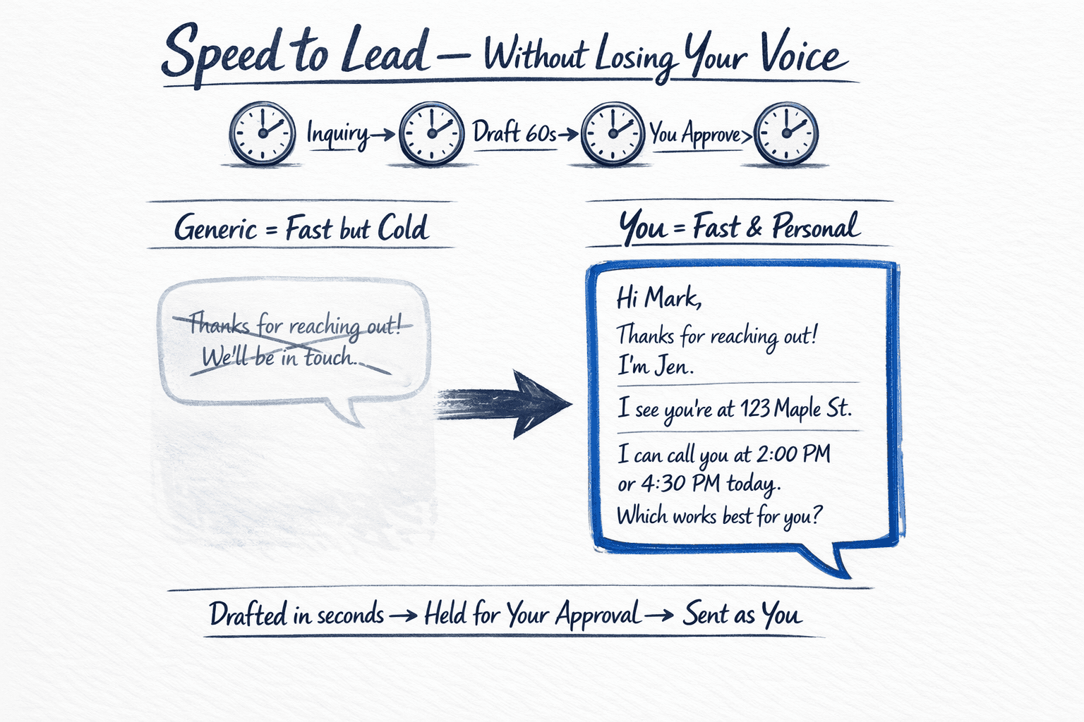 Hand-drawn split comparison: generic fast-but-cold reply crossed out vs personal fast reply with approval gate flow.