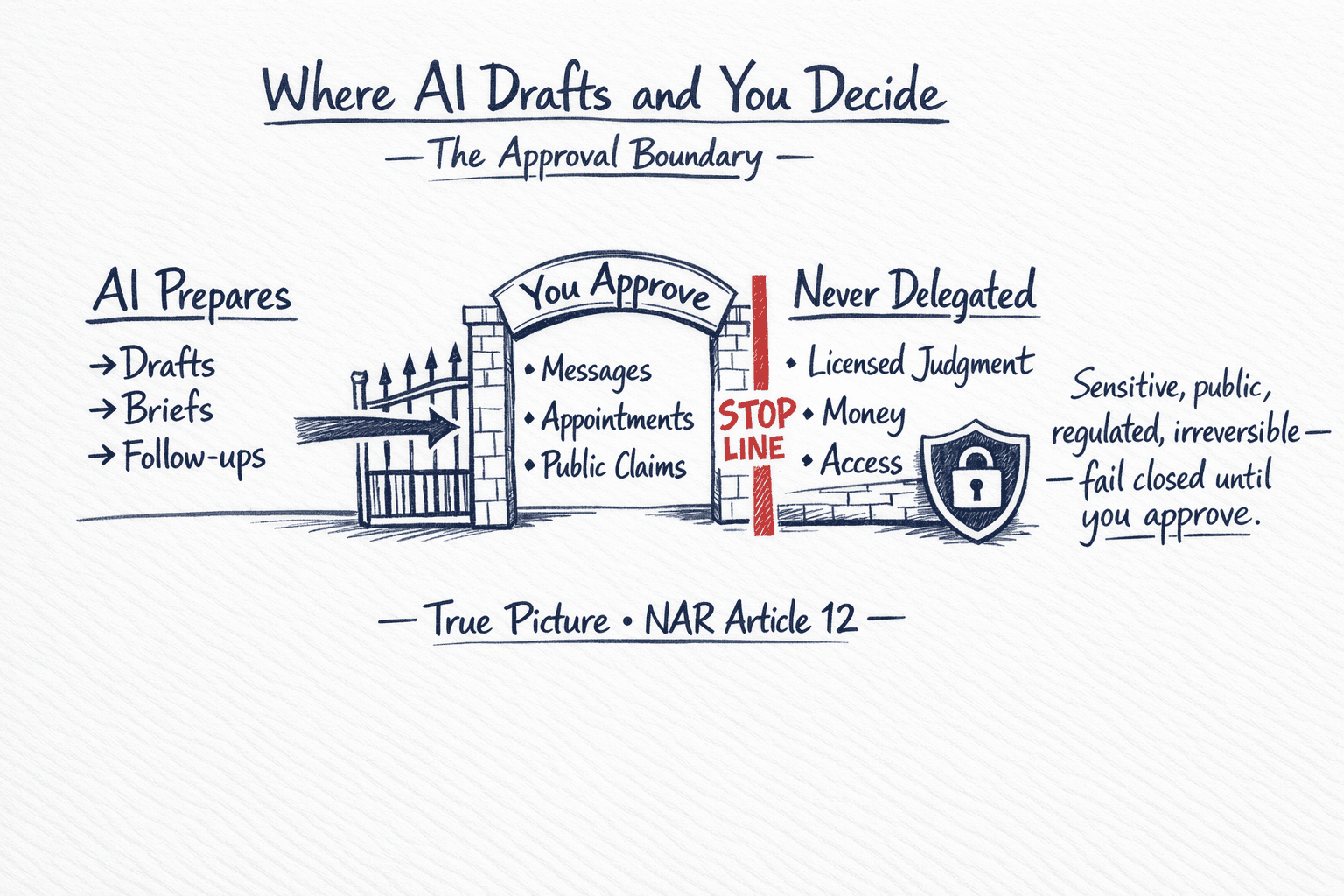 Hand-drawn approval gate: AI Prepares through You Approve gate to Never Delegated shield.